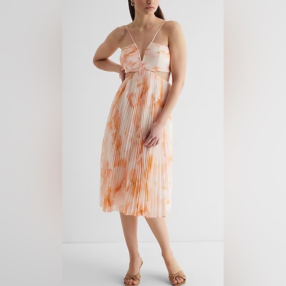 NWT Express Floral V-Neck Pleated Cutout Midi Dress Size S